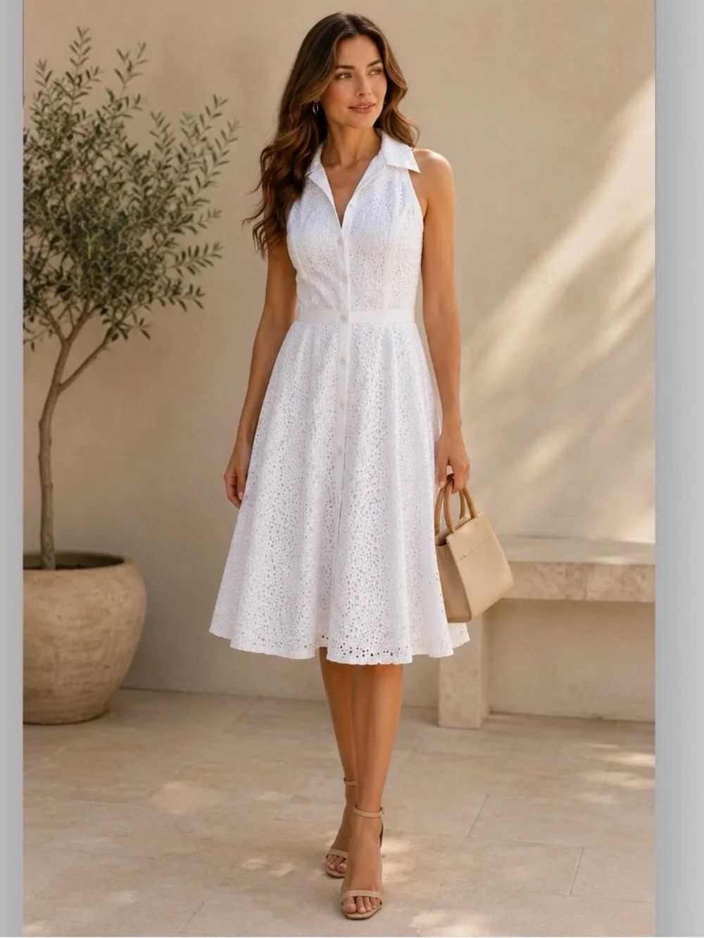 Carmen Marc Valvo White Eyelet Sleeveless Button Front Fit & Flare Midi Dress  6